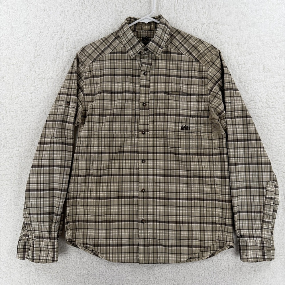 REI Shirt Mens Small‎ Brown Plaid Long Sleeve Button Up Hiking Travel Outdoor